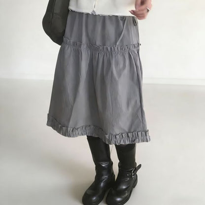 Black Midi A-Line Skirt with Ruffled Waistband