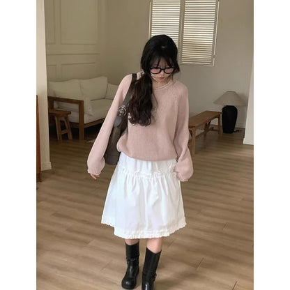 Black Midi A-Line Skirt with Ruffled Waistband