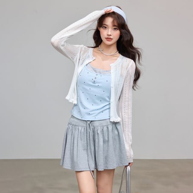 Mock Two-Piece Scoop Neck Polka Dot Padded Crop Camisole Top / Crew Neck Perforated Button-Up Plain Cardigan