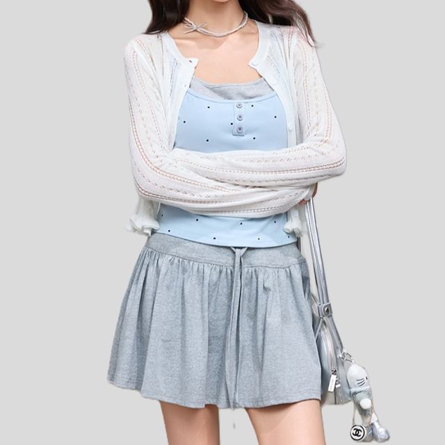 Mock Two-Piece Scoop Neck Polka Dot Padded Crop Camisole Top / Crew Neck Perforated Button-Up Plain Cardigan