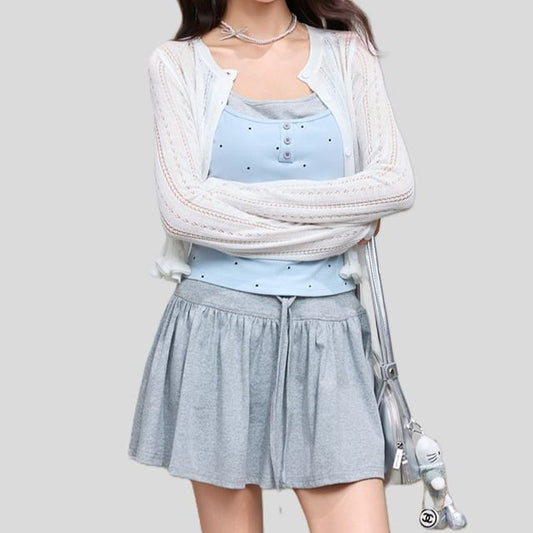 Mock Two-Piece Scoop Neck Polka Dot Padded Crop Camisole Top / Crew Neck Perforated Button-Up Plain Cardigan