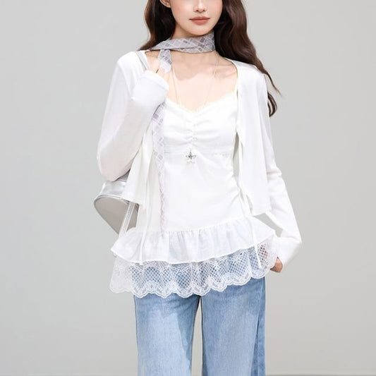 V-Neck Lace Panel Ruched Camisole Top / Plain Tie Front Crop Cardigan / Set