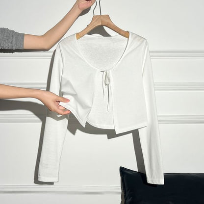 V-Neck Lace Panel Ruched Camisole Top / Plain Tie Front Crop Cardigan / Set