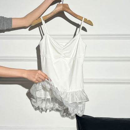 V-Neck Lace Panel Ruched Camisole Top / Plain Tie Front Crop Cardigan / Set