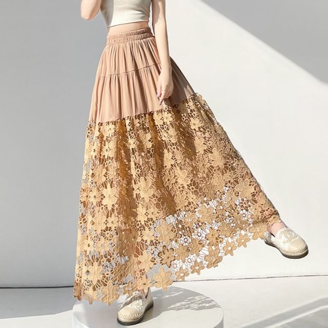 Ivory Crochet Lace Maxi A-Line Skirt with Tiered Panels