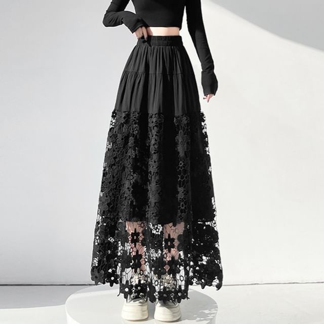 Ivory Crochet Lace Maxi A-Line Skirt with Tiered Panels