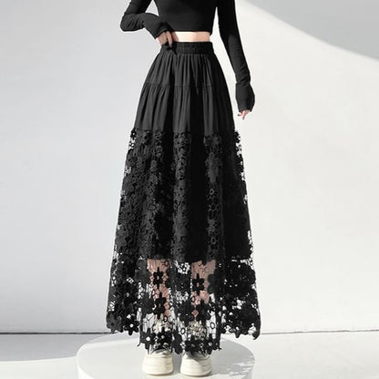 Ivory Crochet Lace Maxi A-Line Skirt with Tiered Panels