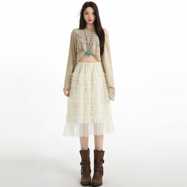 Black Mesh A-Line Skirt with Drawstring Waist - Altfashion Shop