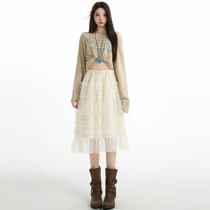 Black Mesh A-Line Skirt with Drawstring Waist - Altfashion Shop