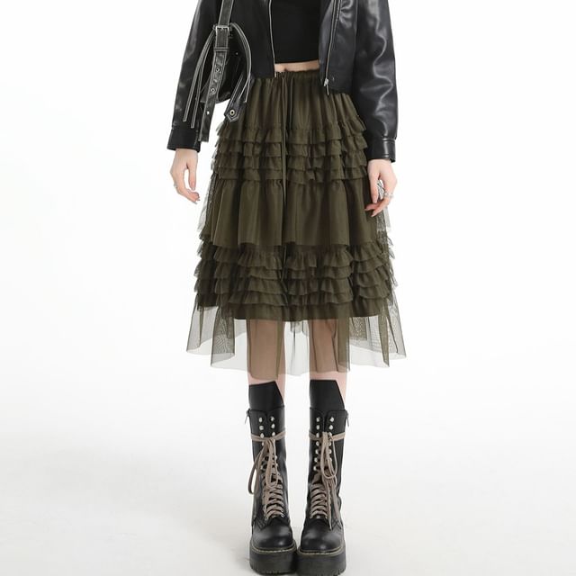Black Mesh A-Line Skirt with Drawstring Waist - Altfashion Shop