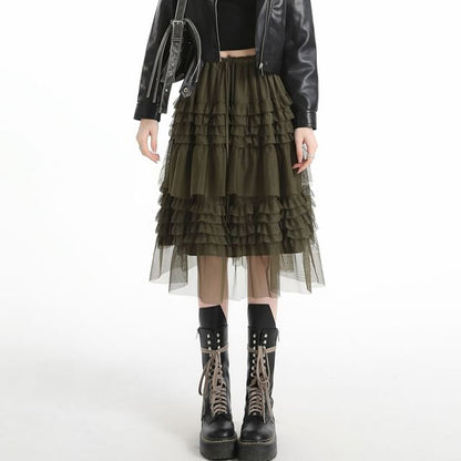 Black Mesh A-Line Skirt with Drawstring Waist - Altfashion Shop