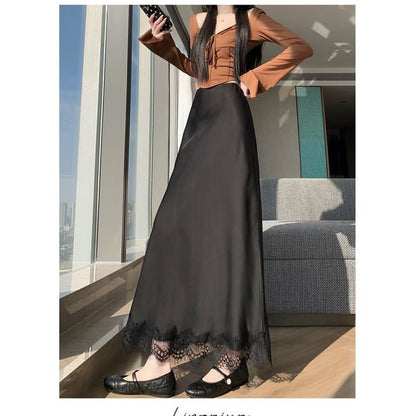 Black Lace Maxi Mermaid Skirt with High-Waist Panel - Altfashion Shop