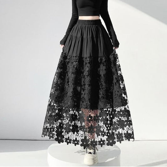 Ivory Crochet Lace Maxi A-Line Skirt with Tiered Panels