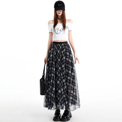 Black Checkered High-Waist Flared Maxi Skirt - Altfashion Shop