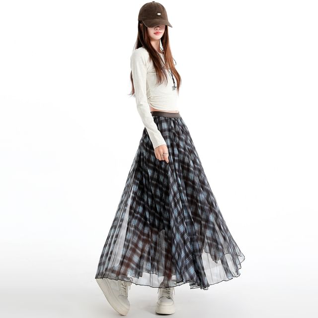 Black Checkered High-Waist Flared Maxi Skirt - Altfashion Shop