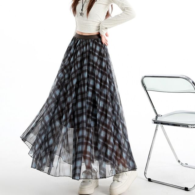 Black Checkered High-Waist Flared Maxi Skirt - Altfashion Shop