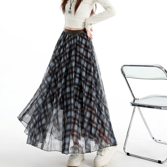 Black Checkered High-Waist Flared Maxi Skirt - Altfashion Shop