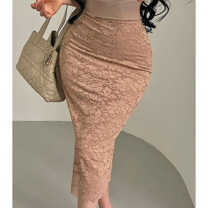 Black Lace High-Waisted Midi Pencil Skirt with Side Slit - Altfashion Shop