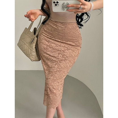 Black Lace High-Waisted Midi Pencil Skirt with Side Slit - Altfashion Shop