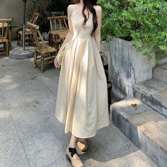 Spaghetti Strap V-Neck Plain Maxi A-Line Dress