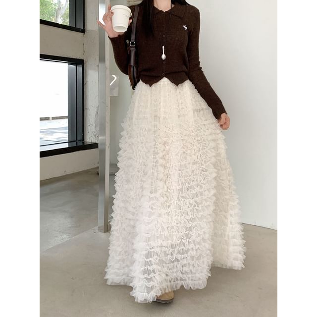 Black Lace Maxi A-Line Skirt - High Waist
