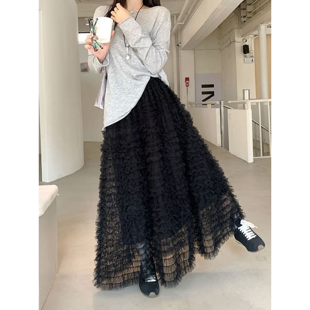 Black Lace Maxi A-Line Skirt - High Waist
