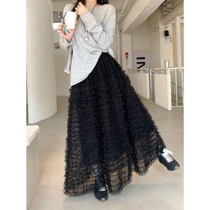 Black Lace Maxi A-Line Skirt - High Waist