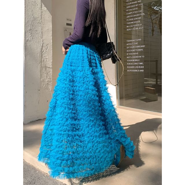 Black Lace Maxi A-Line Skirt - High Waist