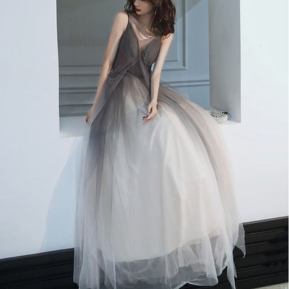Spaghetti Strap V-Neck Open Back Mesh A-Line Evening Gown