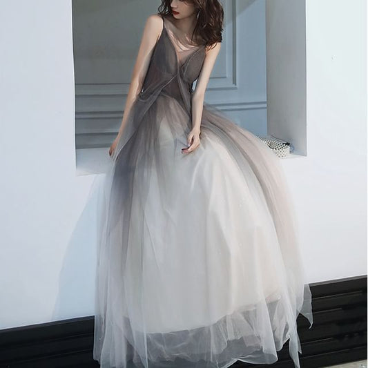 Spaghetti Strap V-Neck Open Back Mesh A-Line Evening Gown