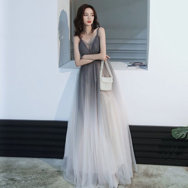 Spaghetti Strap V-Neck Open Back Mesh A-Line Evening Gown