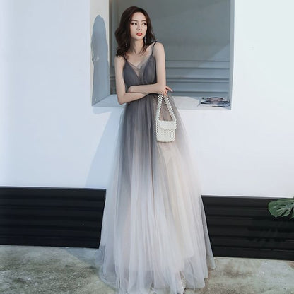 Spaghetti Strap V-Neck Open Back Mesh A-Line Evening Gown