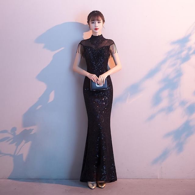 Cap-Sleeve Mock Neck Sheer Panel Sequin Fringed Mermaid Evening Gown