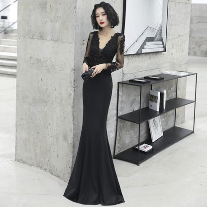 Long-Sleeve V-Neck Lace Panel Mermaid Evening Gown / Sleeveless Evening Gown