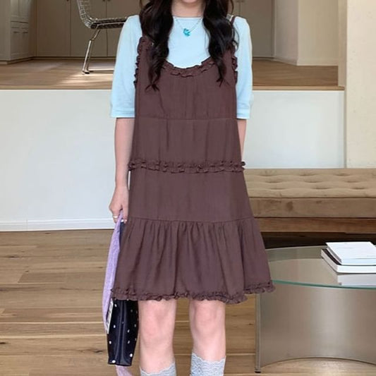 Spaghetti Strap Plain Tiered Frill Mini A-Line Dress