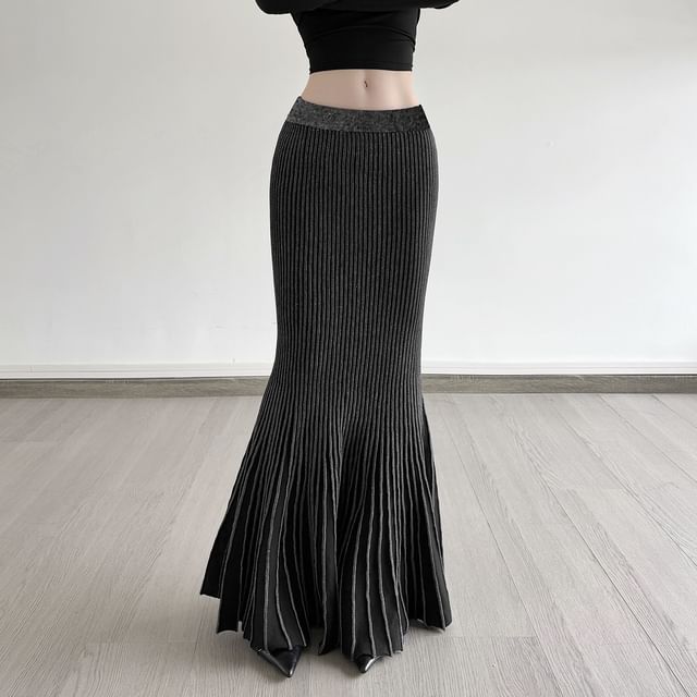 Navy Low-Rise Ribbed Mermaid Maxi Skirt - Altfashion Shop