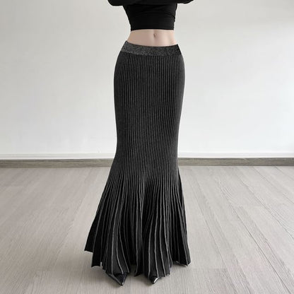 Navy Low-Rise Ribbed Mermaid Maxi Skirt - Altfashion Shop