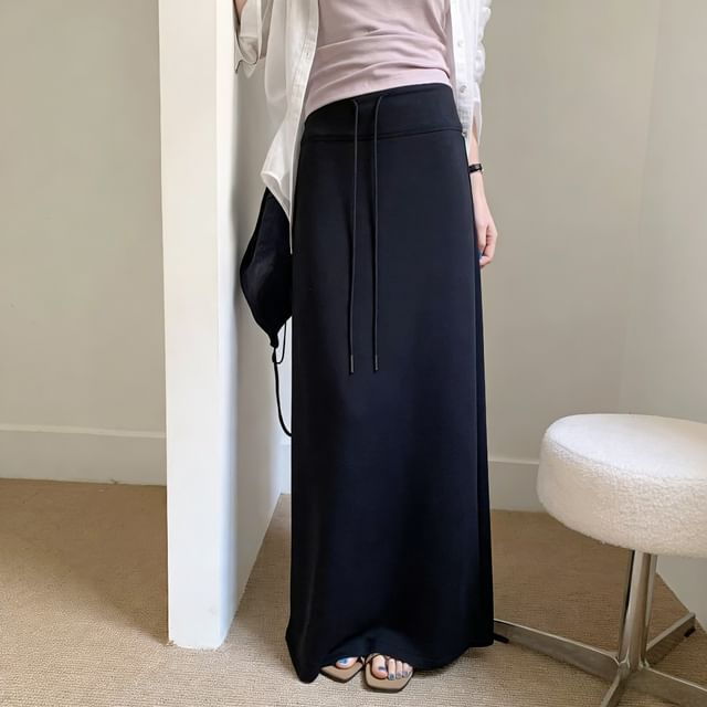 Black Maxi A-Line Skirt with Drawstring Waist