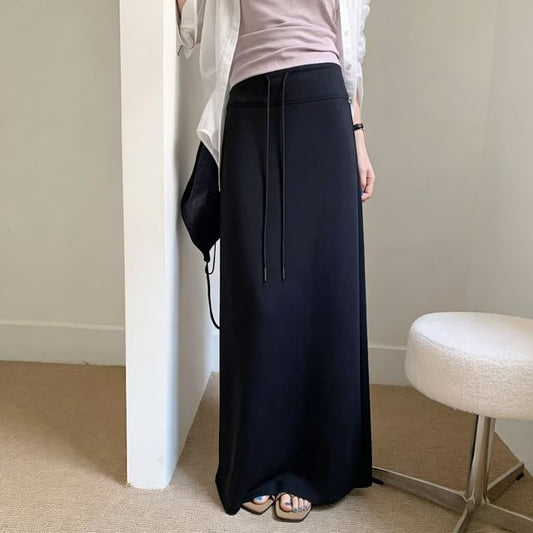 Black Maxi A-Line Skirt with Drawstring Waist
