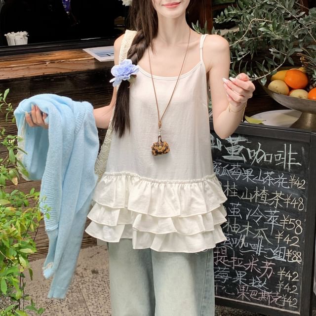 Plain Lace Trim Button Up Cardigan / Spaghetti Strap Scoop Neck Tiered Camisole Top