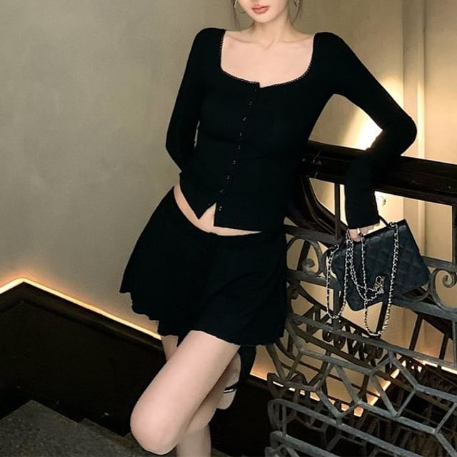 Black Button-Up Top and A-Line Mini Skirt Set - Altfashion Shop