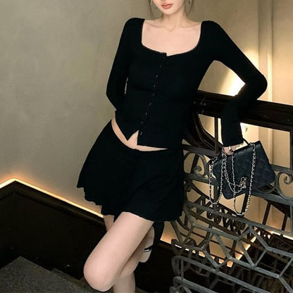 Black Button-Up Top and A-Line Mini Skirt Set - Altfashion Shop