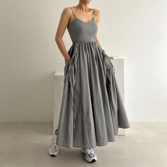 Spaghetti Strap Scoop Neck Plain Maxi A-Line Dress