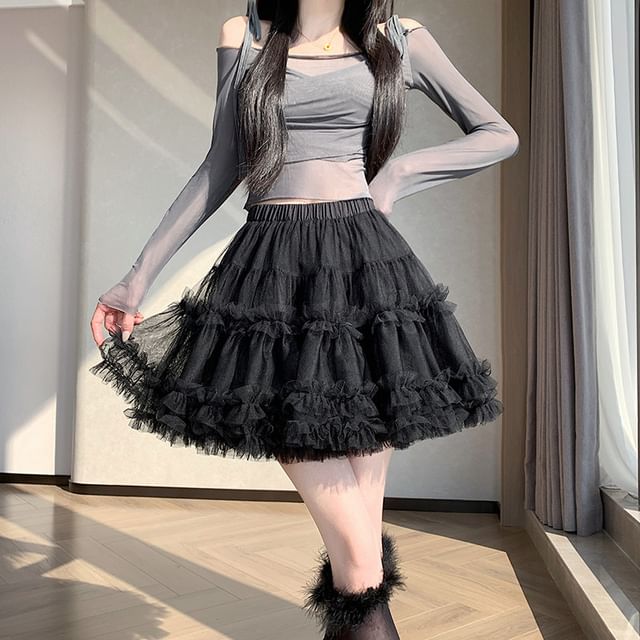 Black Mesh Tiered A-Line Mini Skirt with Ruffled Elastic Waist - Altfashion Shop
