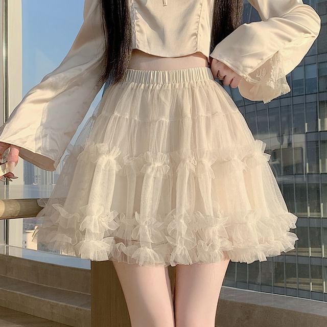 Black Mesh Tiered A-Line Mini Skirt with Ruffled Elastic Waist - Altfashion Shop