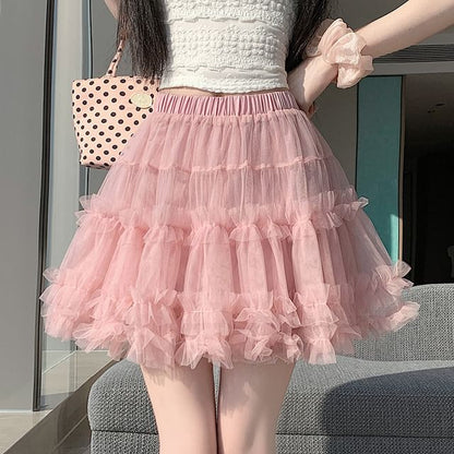 Black Mesh Tiered A-Line Mini Skirt with Ruffled Elastic Waist - Altfashion Shop