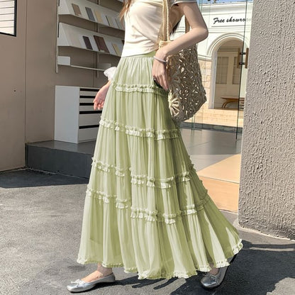 Black Tiered A-Line Maxi Skirt with Ruffles - Altfashion Shop