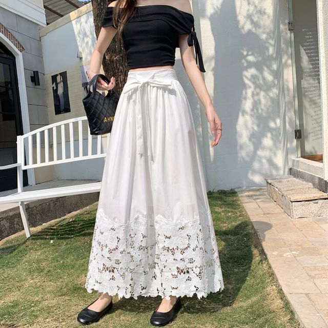 Black Lace High-Waist A-Line Maxi Skirt - Altfashion Shop
