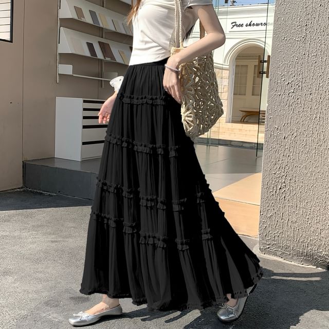 Black Tiered A-Line Maxi Skirt with Ruffles - Altfashion Shop