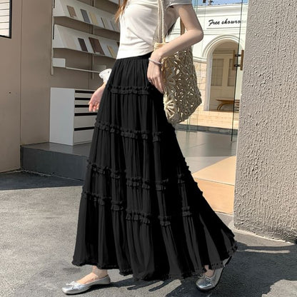 Black Tiered A-Line Maxi Skirt with Ruffles - Altfashion Shop